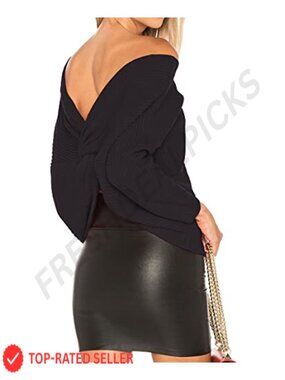 Off Shoulder Sweater Criss Cross Back V Neck Batwing Cropped Top